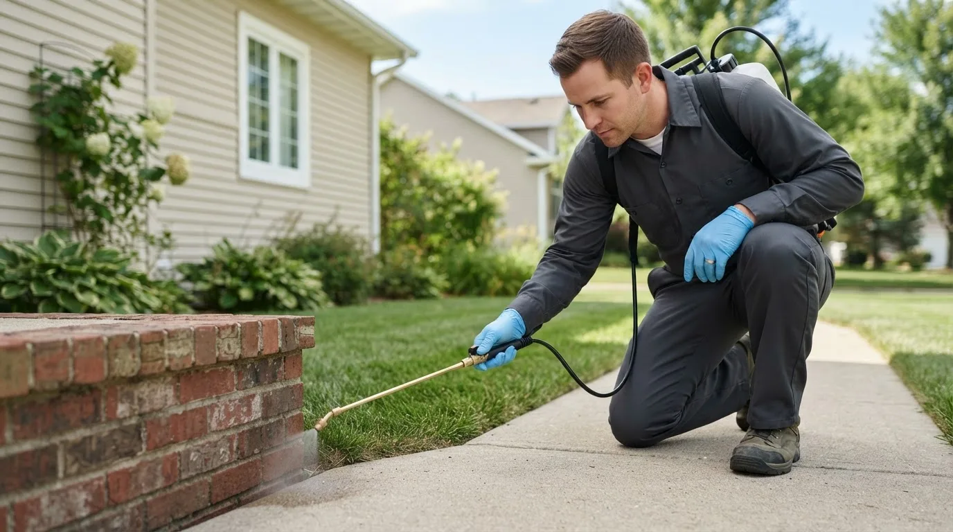 Pest control technician treating a home near Flasher, ND