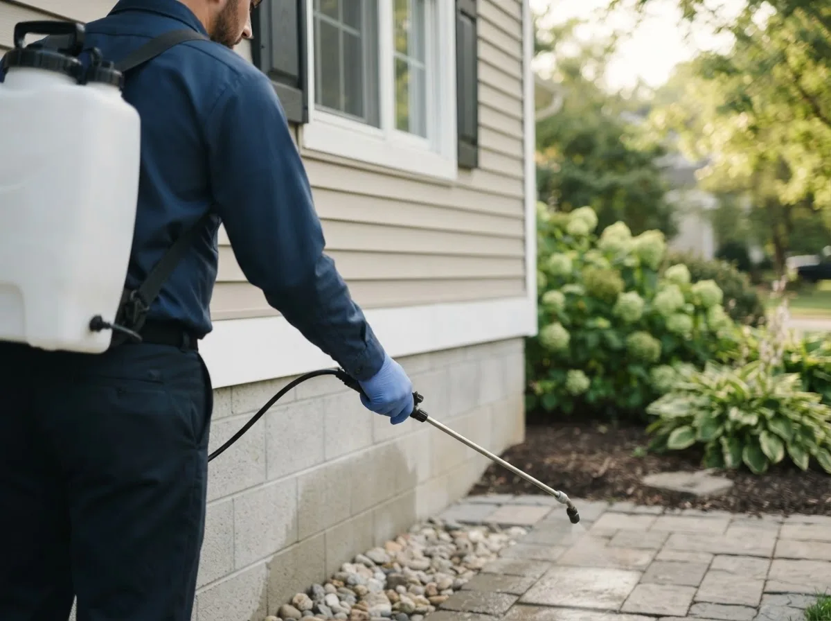 Pest control technician inspecting a home in Flasher, ND